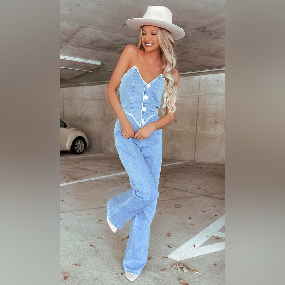Stretch denim rhinestone button jumpsuit. Worn once.